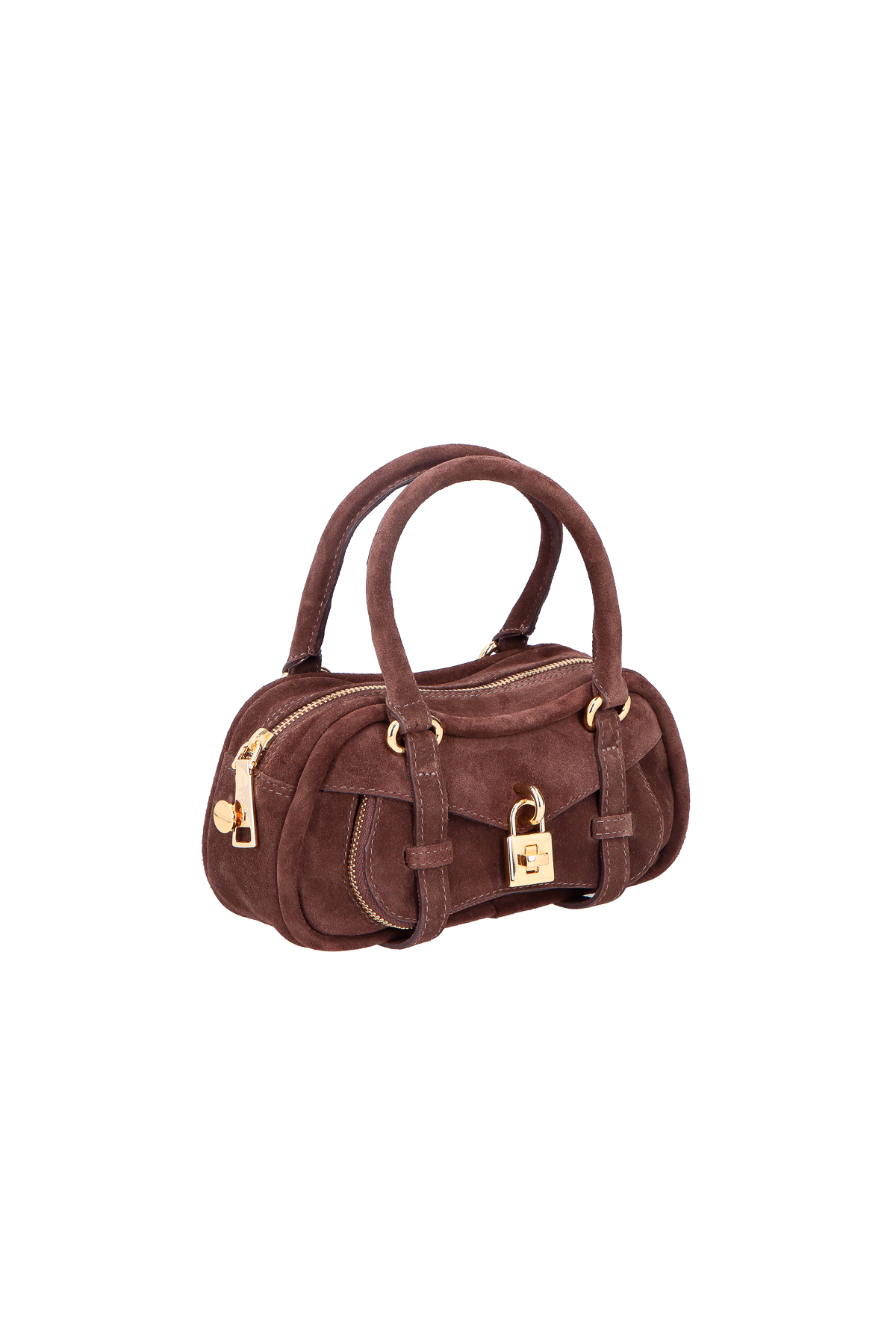 BOLSA CROSSBODY EM CAMURÇA CAFÉ COM CADEADO DECORATIVO PEQUENA
