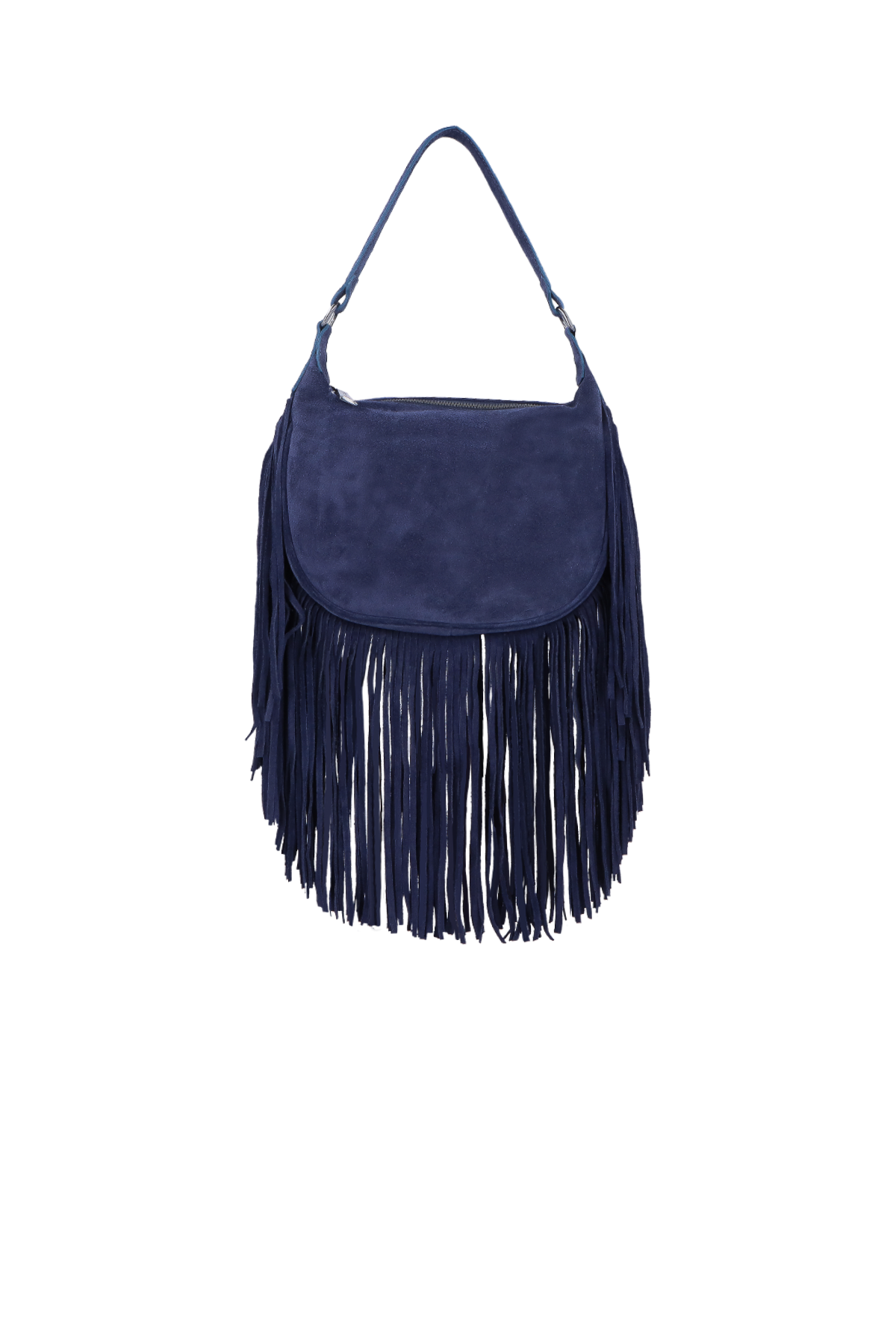 BOLSA MÉDIA EM CAMURÇA AZUL NAVAL COM FRANJAS