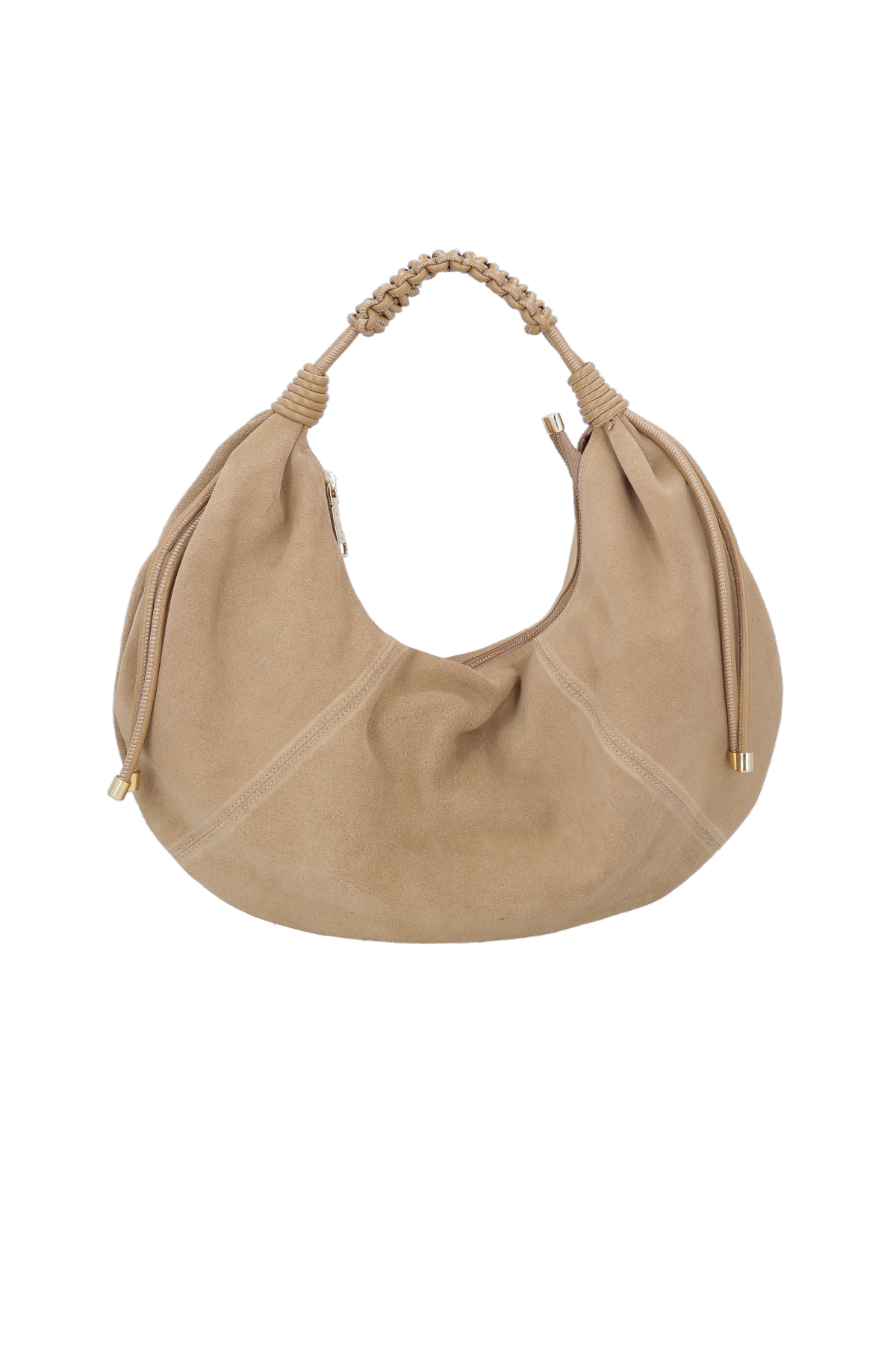 BOLSA EM CAMURÇA BEGE FENDI COM ENFEITE METÁLICO GRANDE