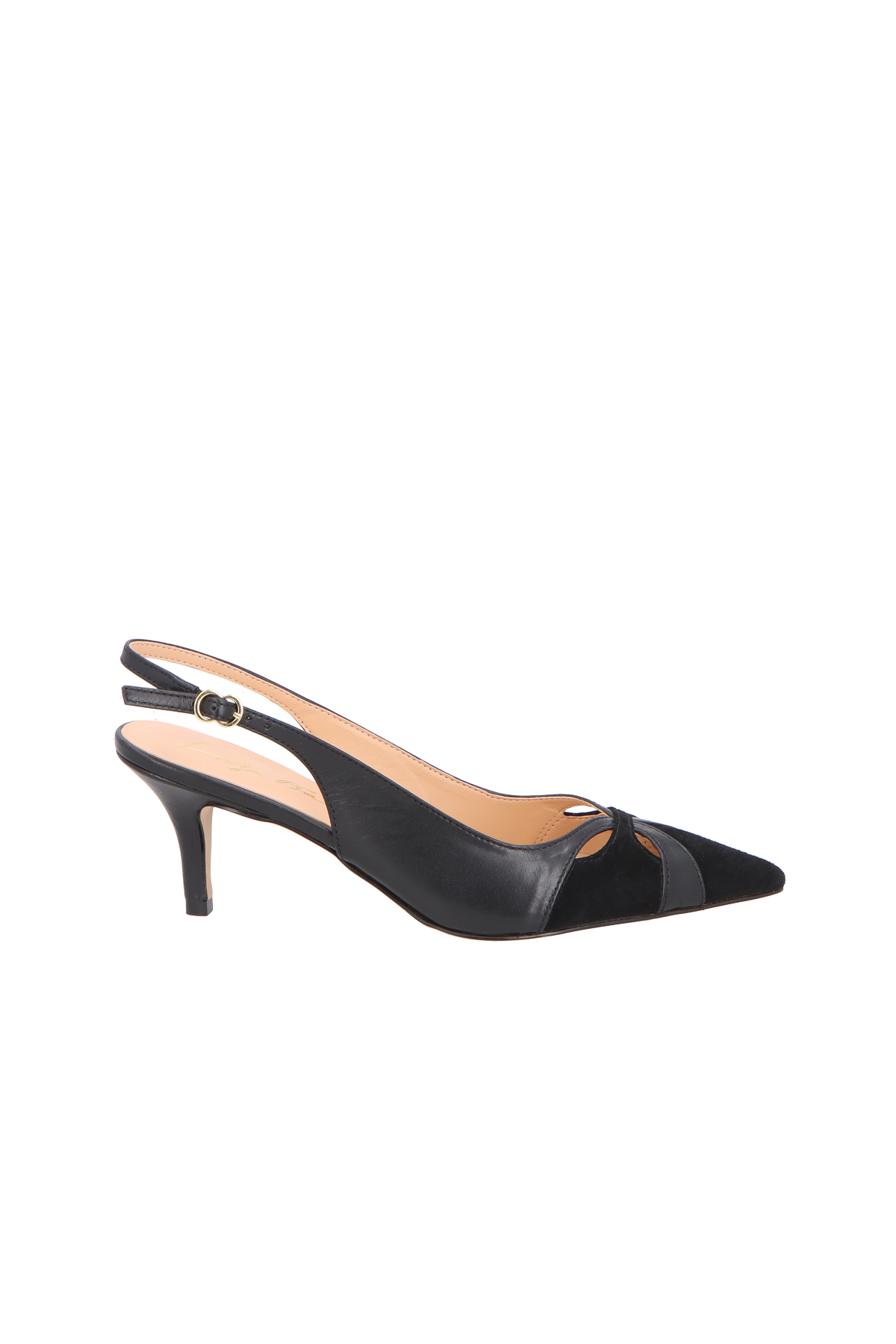 SCARPIN SLINGBACK EM COURO E CAMURÇA PRETO