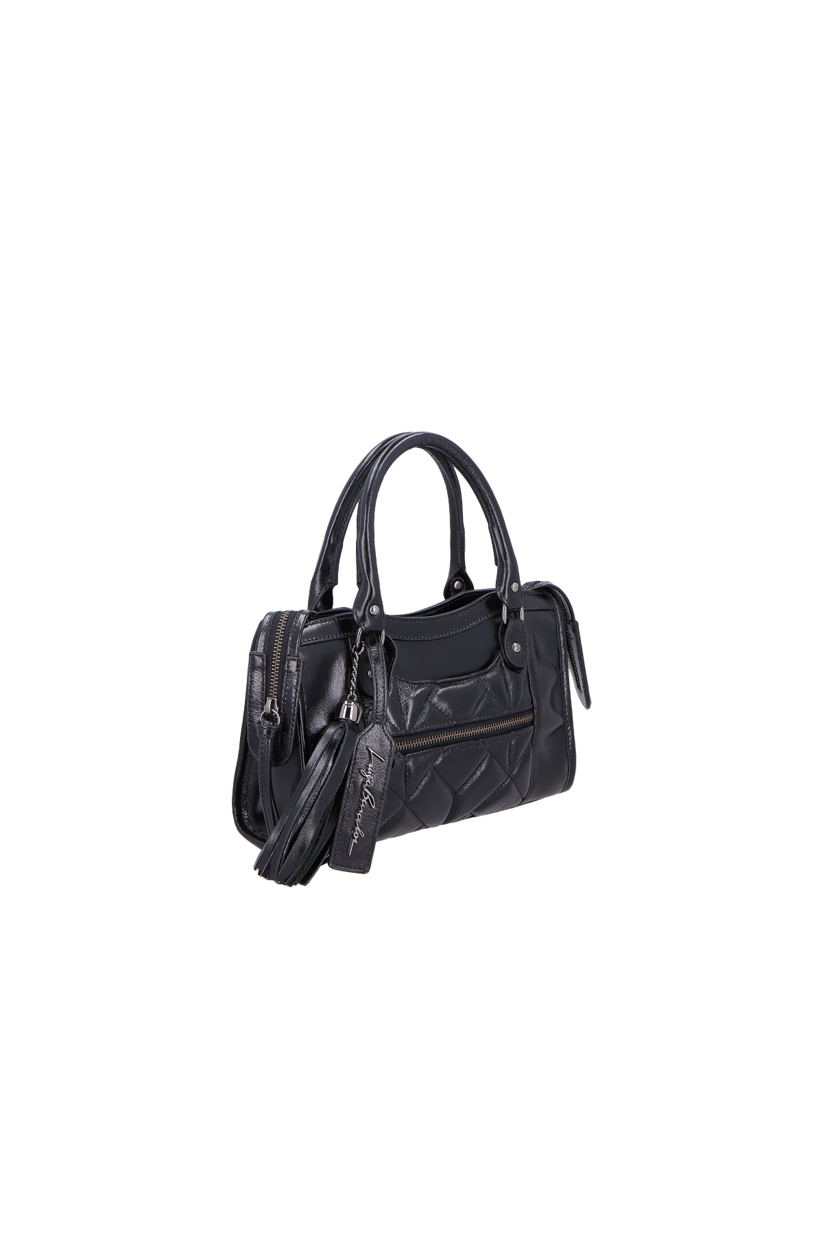 BOLSA MÉDIA EM COURO PRETO COM MATELASSÊ GEOMÉTRICO