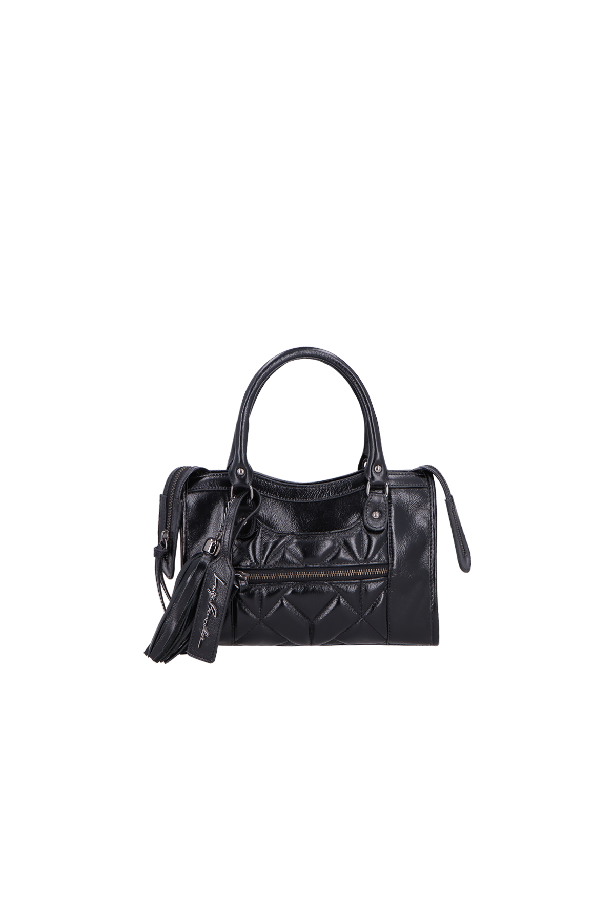 BOLSA MÉDIA EM COURO PRETO COM MATELASSÊ GEOMÉTRICO