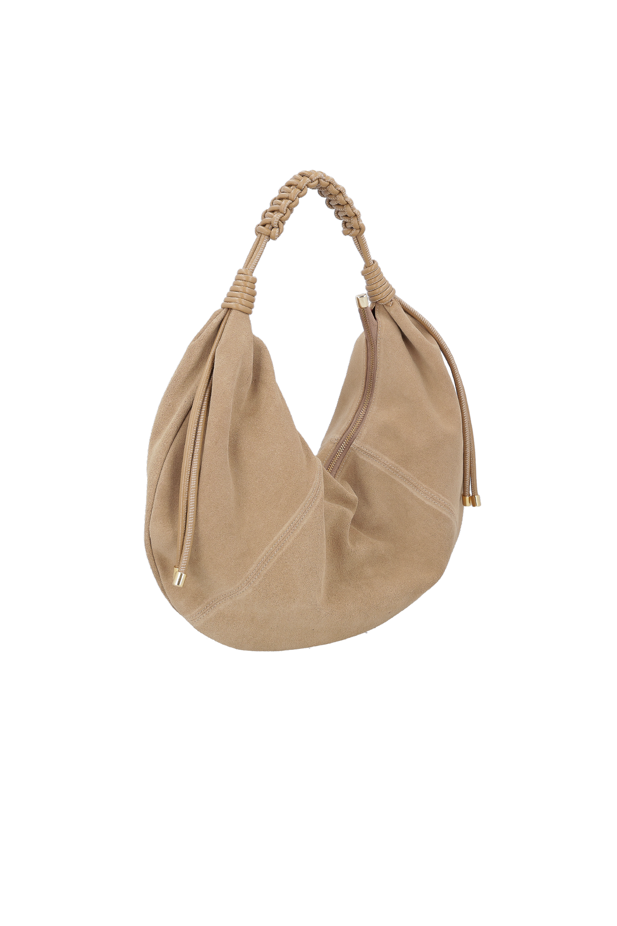 BOLSA EM CAMURÇA BEGE FENDI COM ENFEITE METÁLICO GRANDE