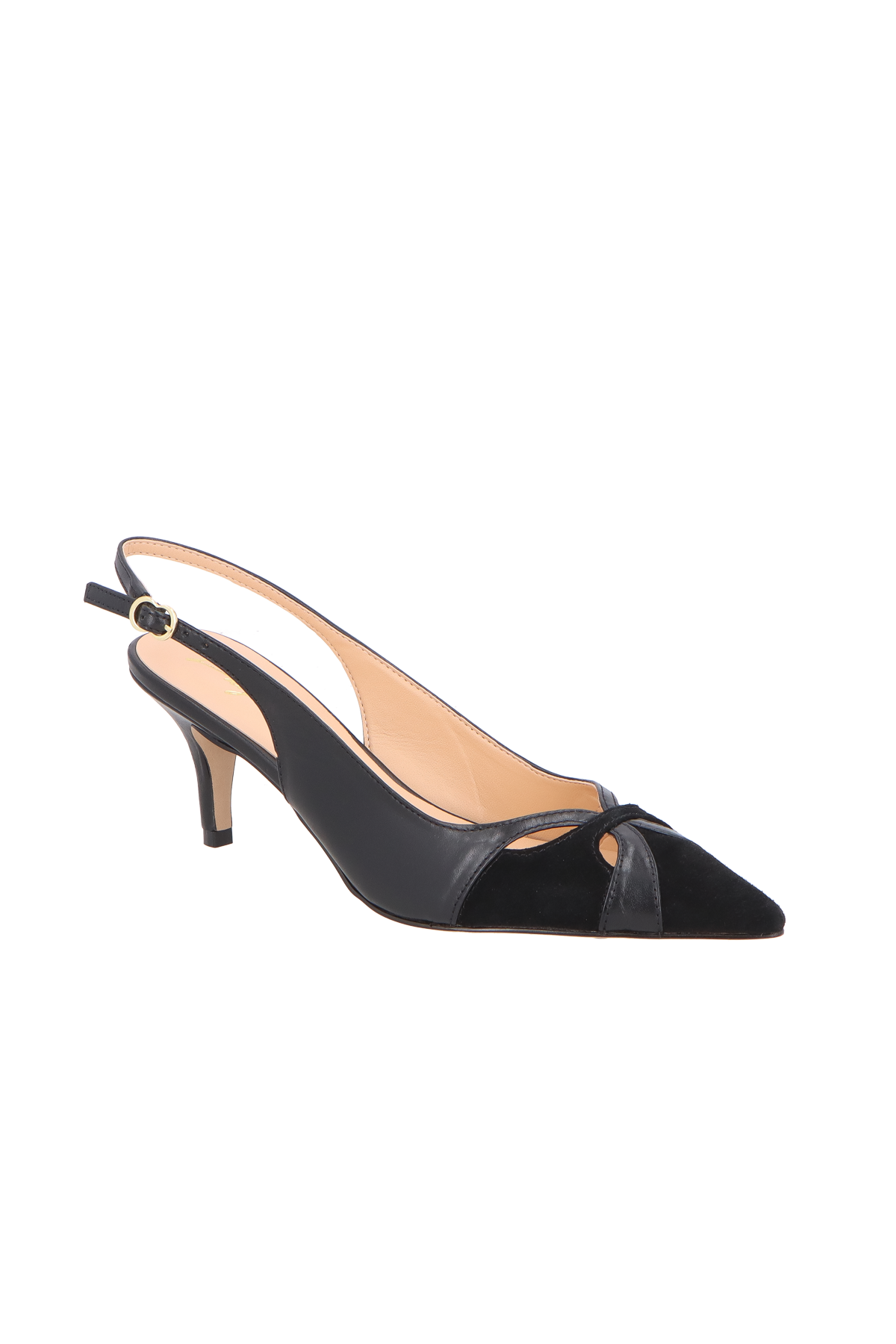 SCARPIN SLINGBACK EM COURO E CAMURÇA PRETO