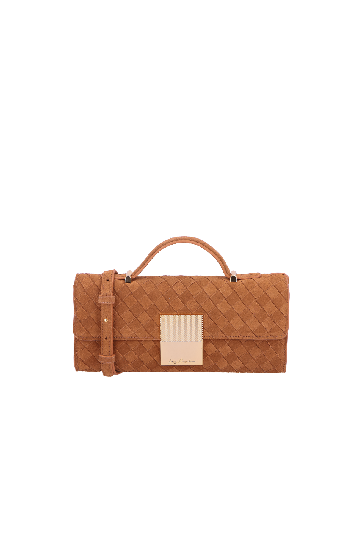 BOLSA COM FECHAMENTO DE PLACA LB EM CAMURÇA TRESSÊ CARAMELO