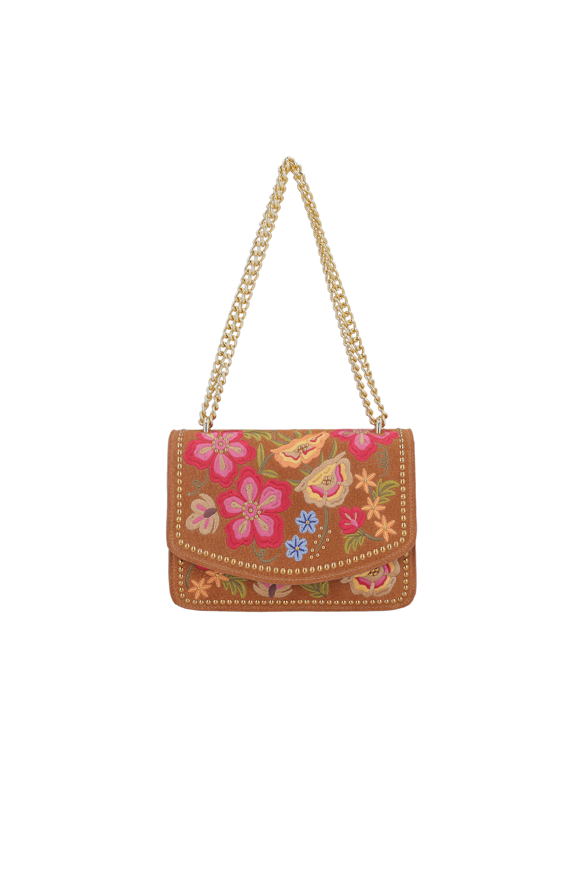 BOLSA  EM CAMURÇA CARAMELO COM ALÇA DE CORRENTES PEQUENA